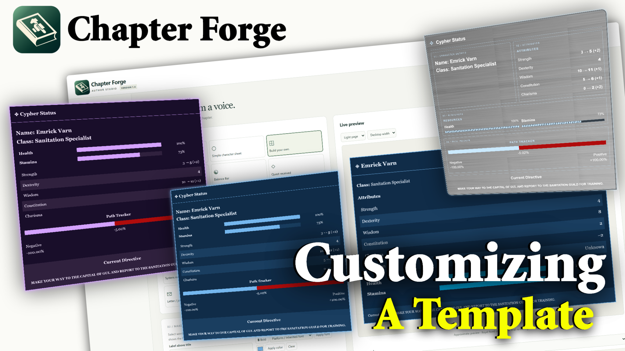 Customizing a Chapter Forge Template video thumbnail showing multiple customized Cypher Status designs