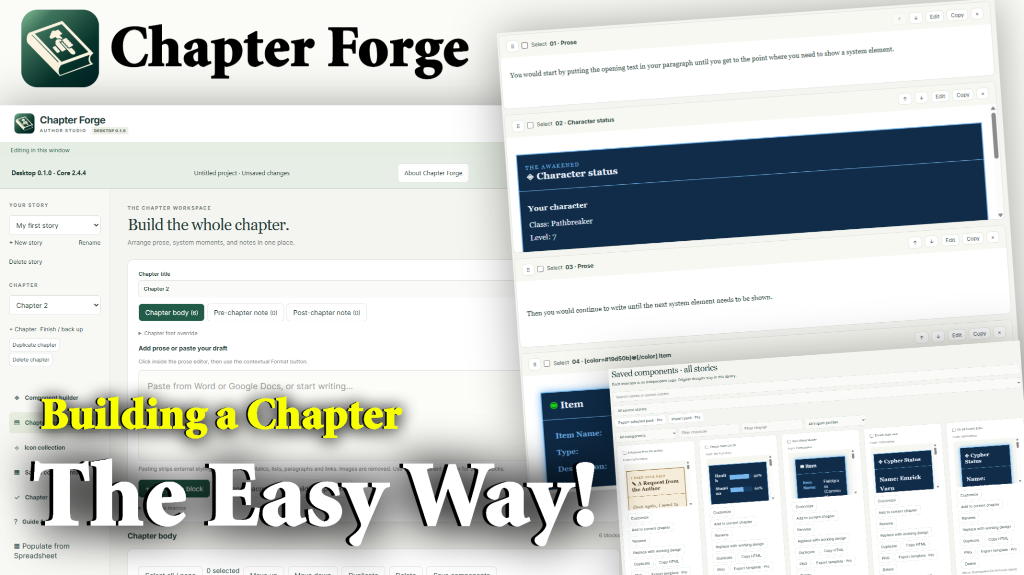 Create a Chapter the Easy Way video thumbnail showing the Chapter Forge chapter workspace and assembled story blocks