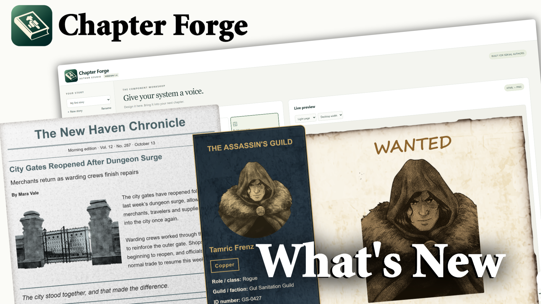 Chapter Forge What's New video thumbnail showing new visual card and template examples