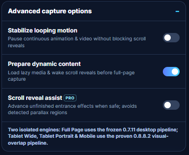 FullPagePro advanced capture options
