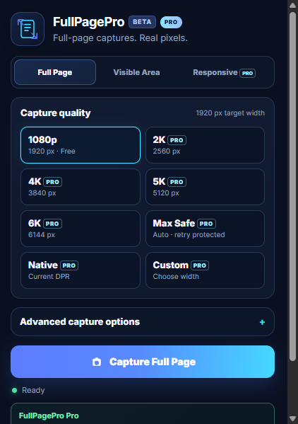 FullPagePro extension interface showing full-page capture quality options
