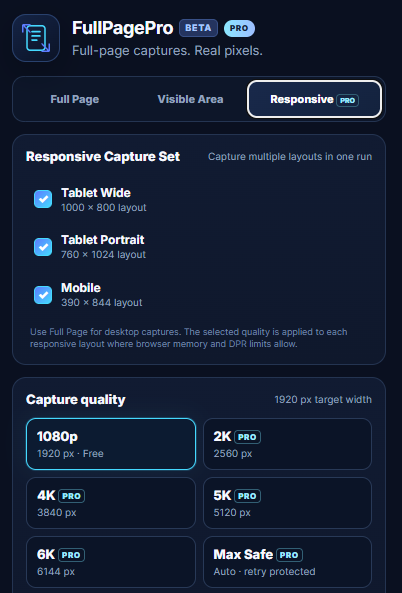 FullPagePro responsive capture interface